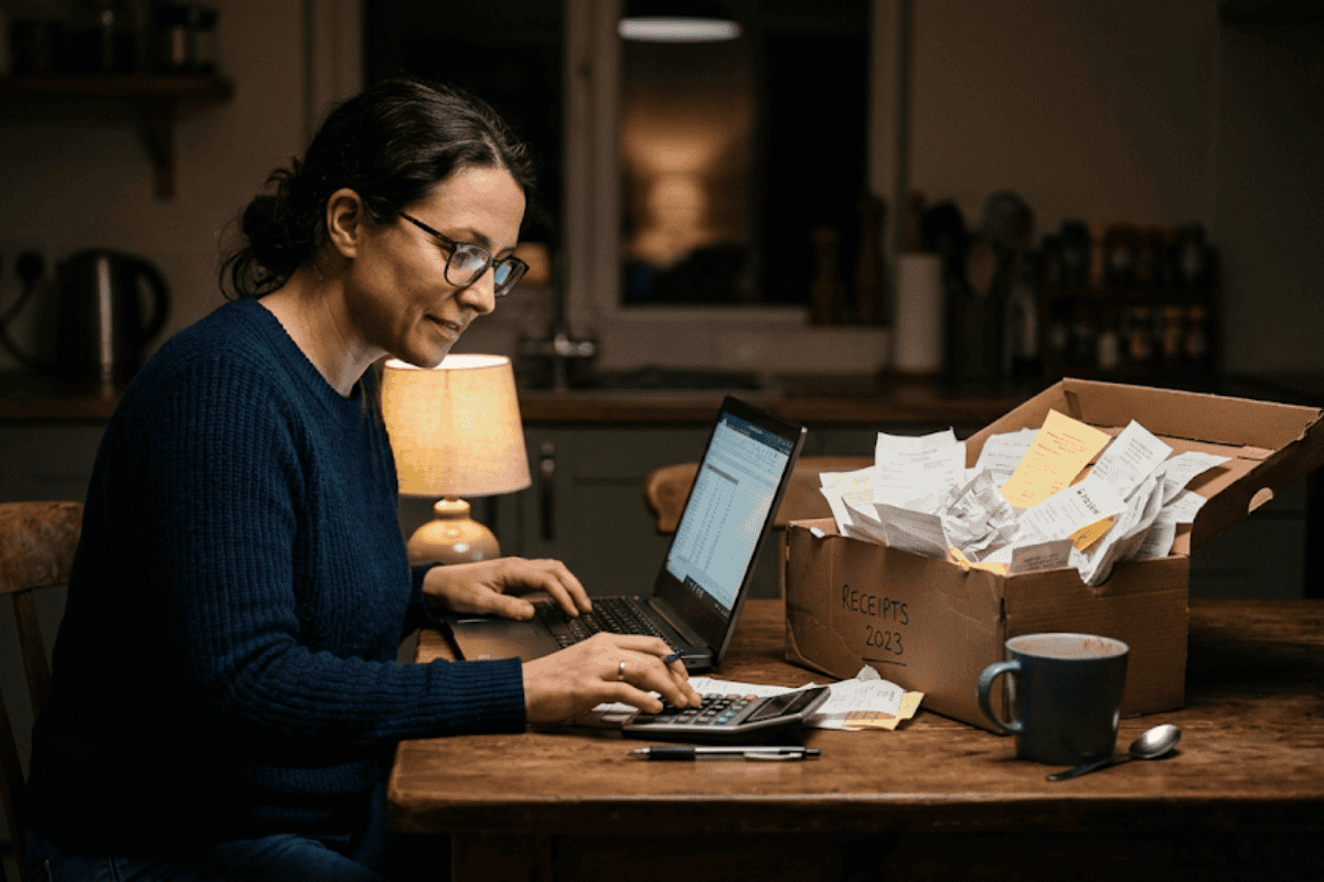 Woman typing on a laptop beside a box of receipts, needing a bookkeeper