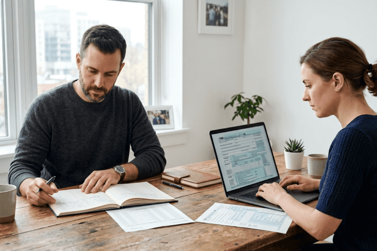 Bookkeeper and accountant working together at a table with laptop and notebook