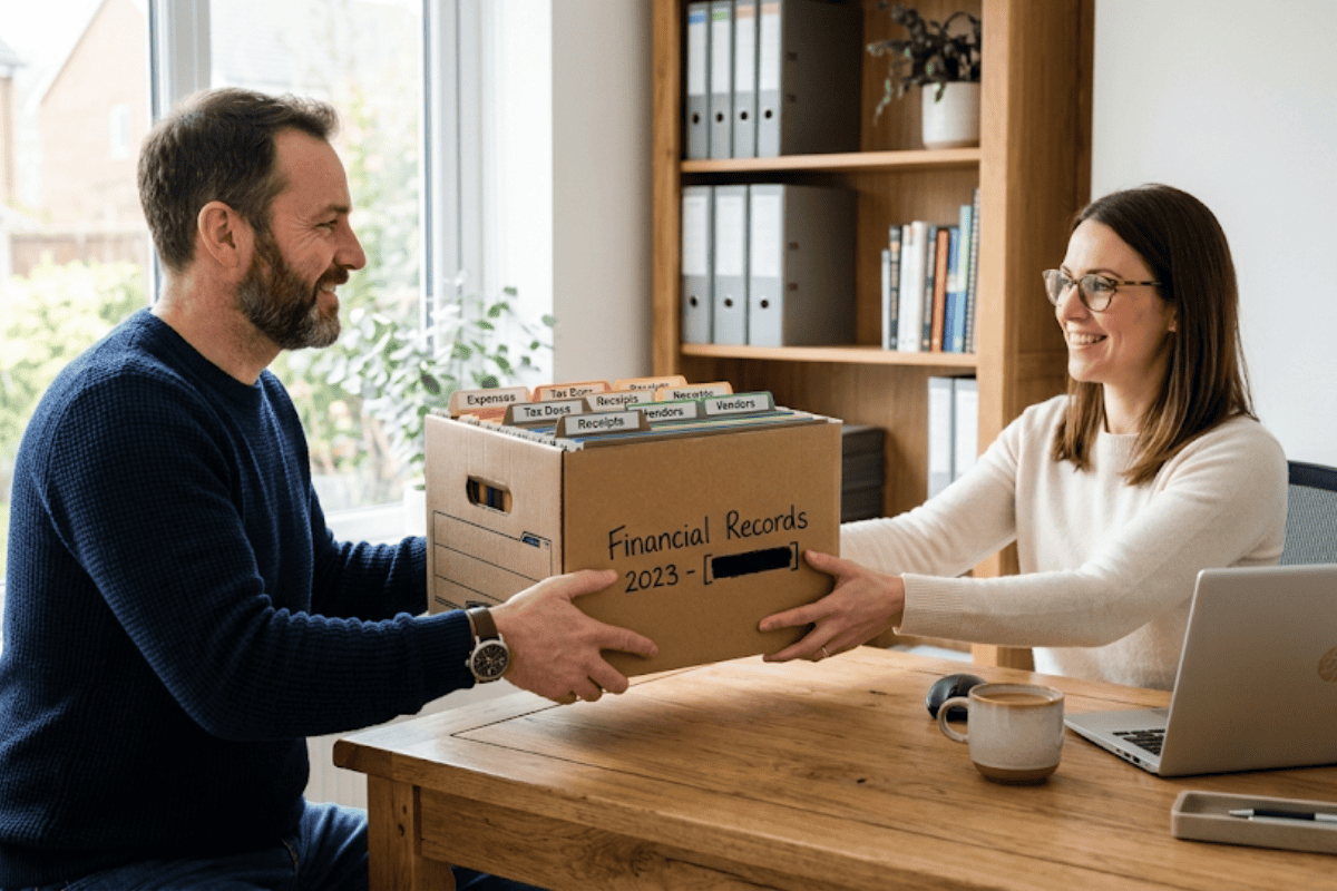 Two coworkers pass a cardboard box labeled Financial Records across a wooden desk in an office setting to hand over files and folders beside a laptop and mug.