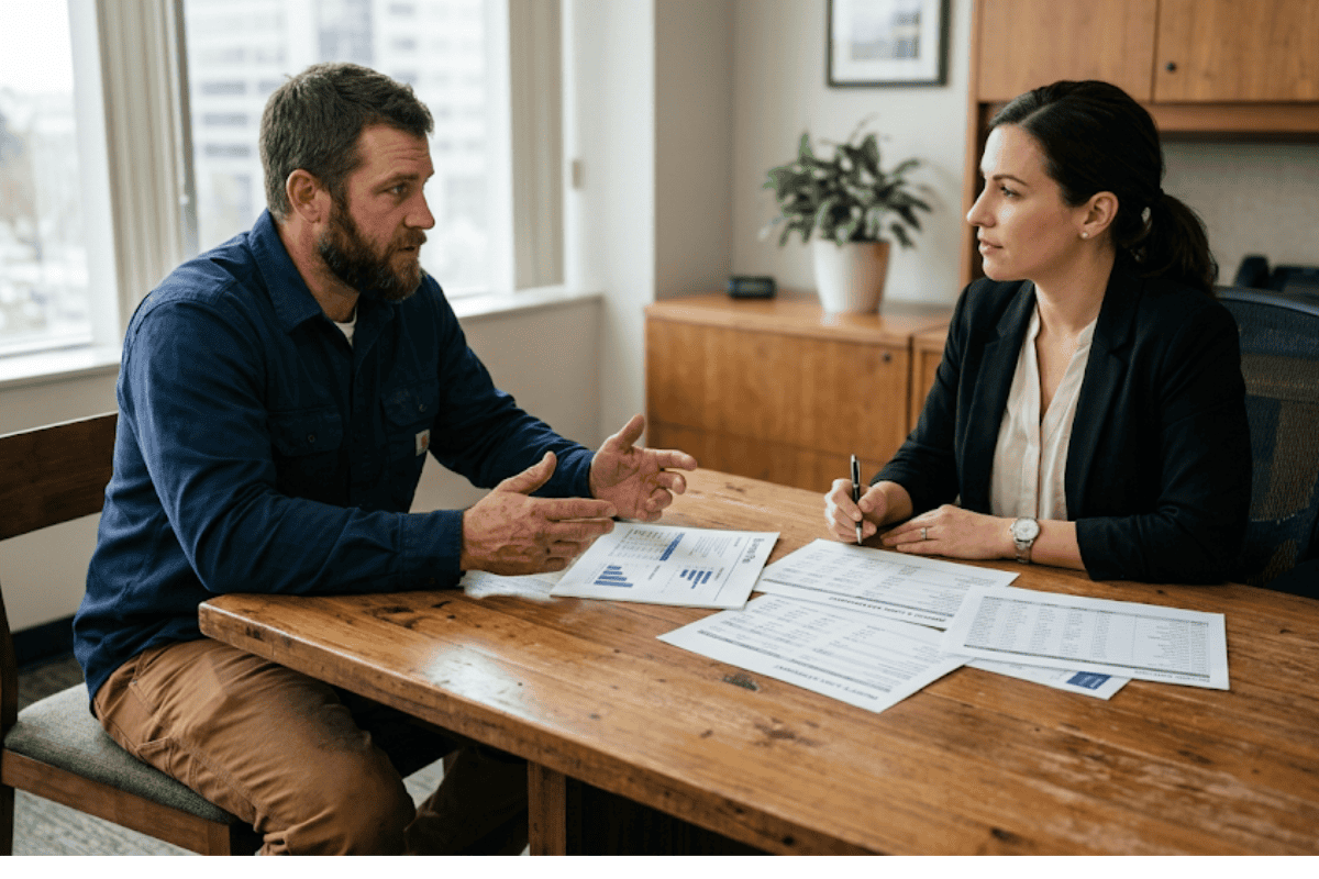 Two professionals reviewing a small business loan plan at a wooden table