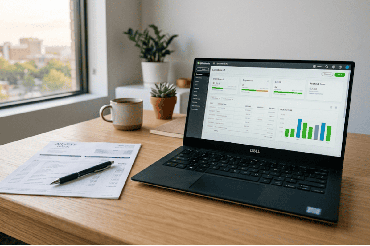 Laptop showing a bank reconciliation dashboard beside a notebook and pen