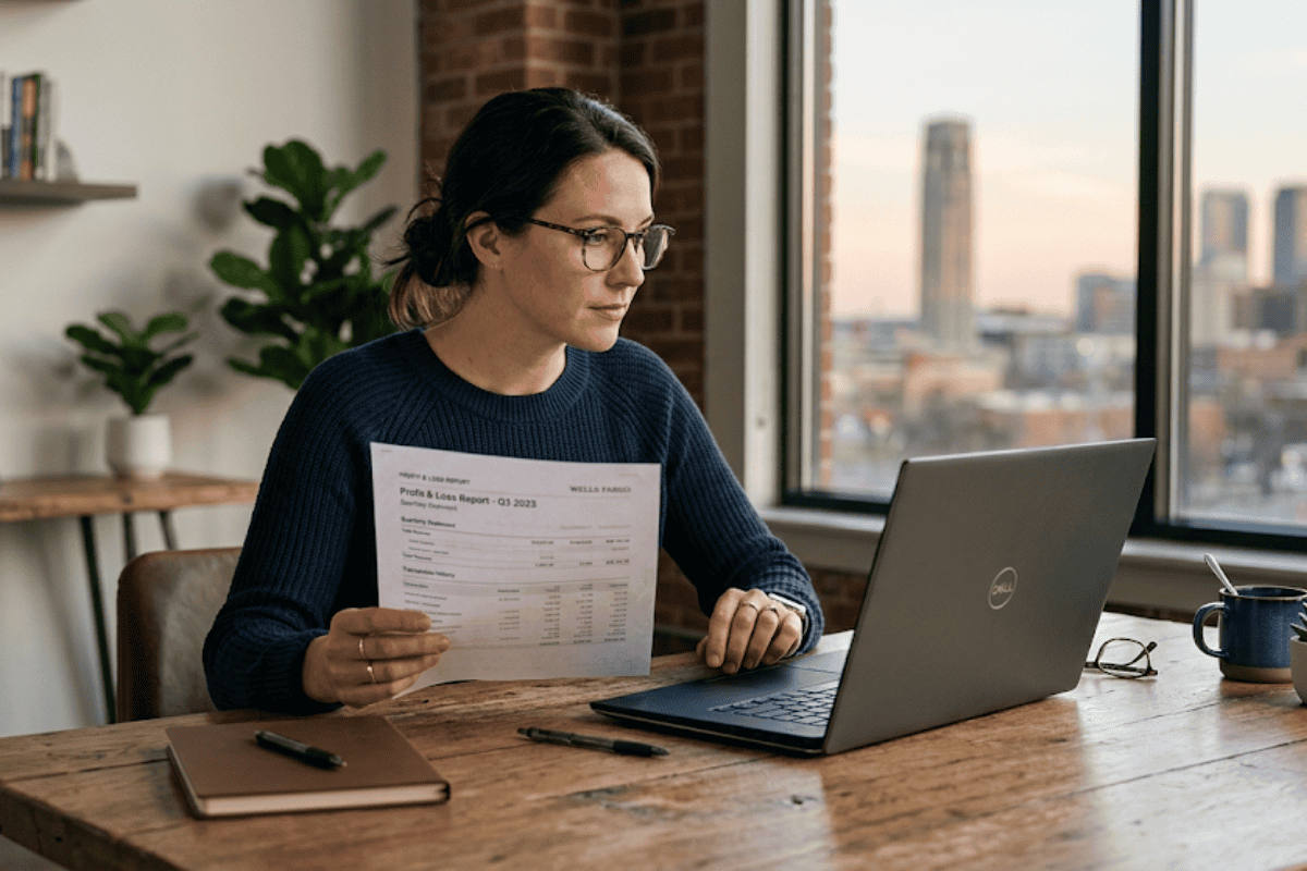 Woman comparing a profit and loss report with cash flow on a laptop