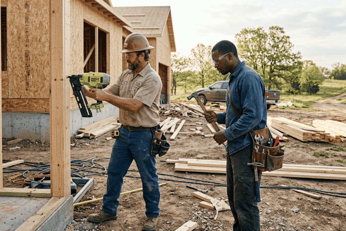 Two construction workers on a framing site illustrating W-2 versus 1099 workers