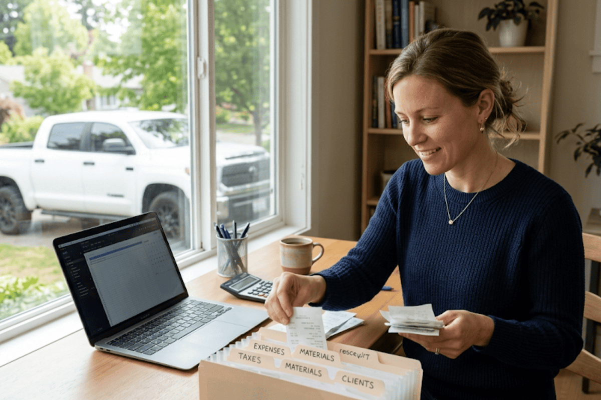 Woman organizing receipts at a desk to claim small business tax deductions